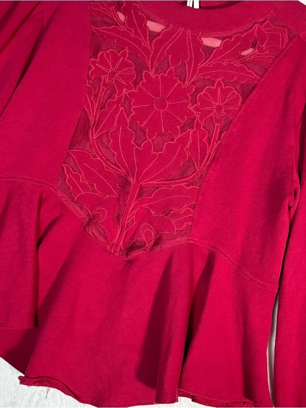 Anthropologie Cutwork Swing Top Pink Embroidered Floral Sweatshirt Sz S Boho‎
